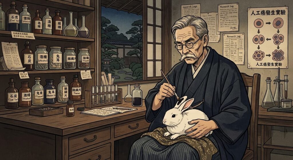 ウサギの耳にコールタールを塗り続ける山極先生