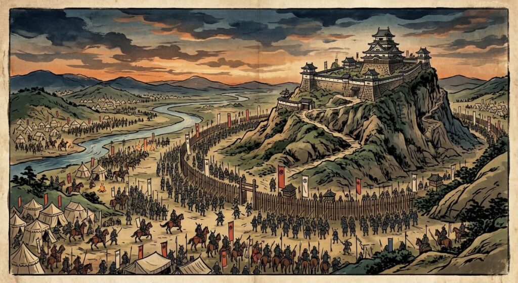 山上にそびえる鳥取城（右）を、圧倒的な数の秀吉軍（左〜手前）がぐるりと取り囲んでいます。これは「兵糧攻め（飢え殺し）」によって、城内の食料供給が完全に断たれている状況