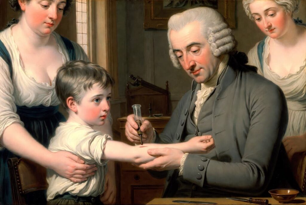 ジェンナーが8歳のジェームズ・フィップス（使用人の息子）の腕に牛痘を接種している場面