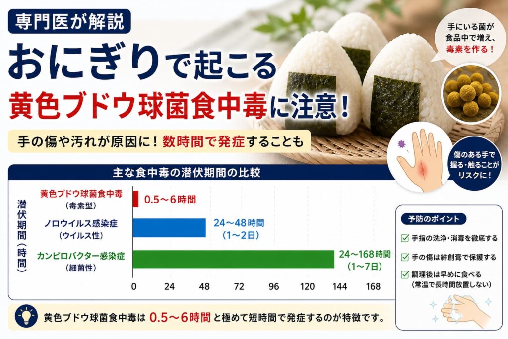 黄色ブドウ球菌食中毒は0.5〜6時間と短時間で発症、ノロウイルス感染症は24〜48時間、カンピロバクター感染症は24〜168時間と比較的長い潜伏期間。