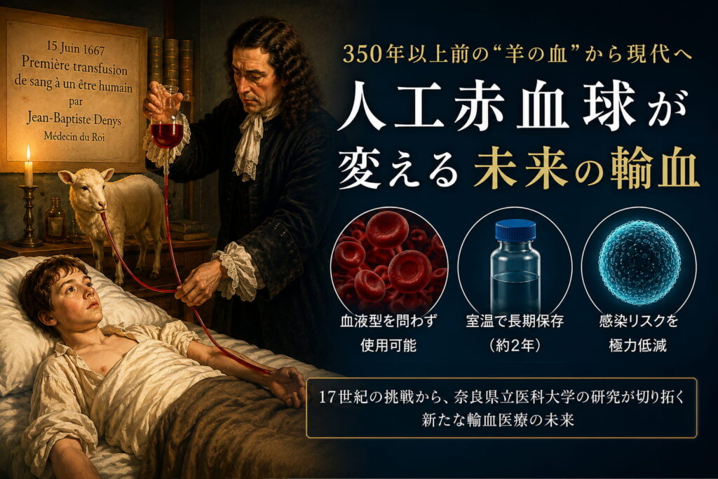 1667年史上初めて羊からの輸血からの歴史と人工赤血球の開発、問題点と将来展望